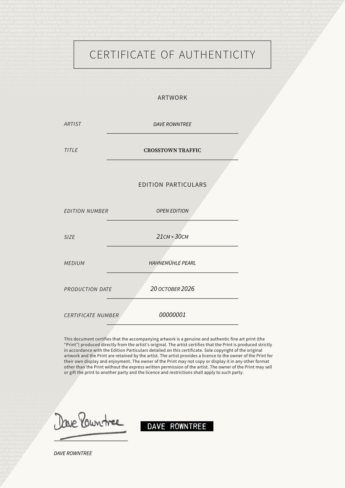 Crosstown Traffic — Certificate of Authenticity