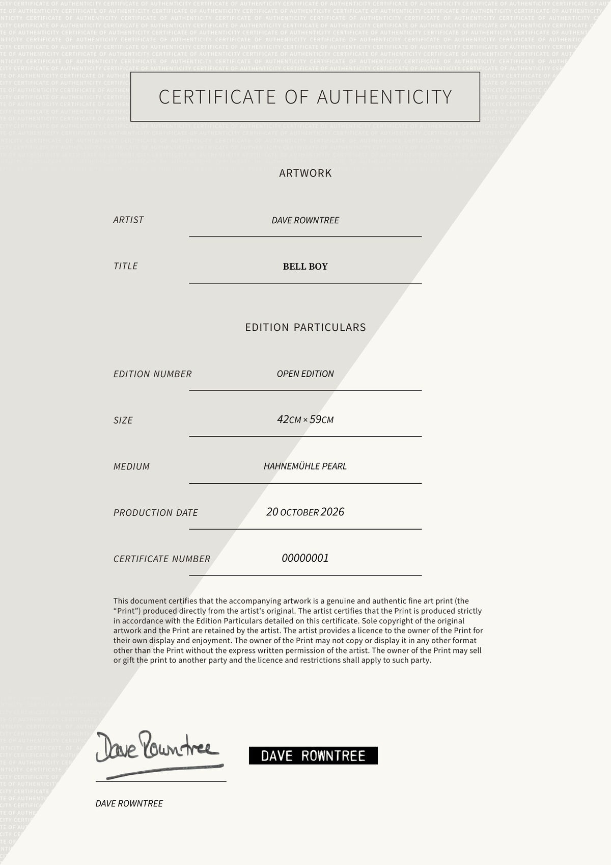Bell Boy — Certificate of Authenticity
