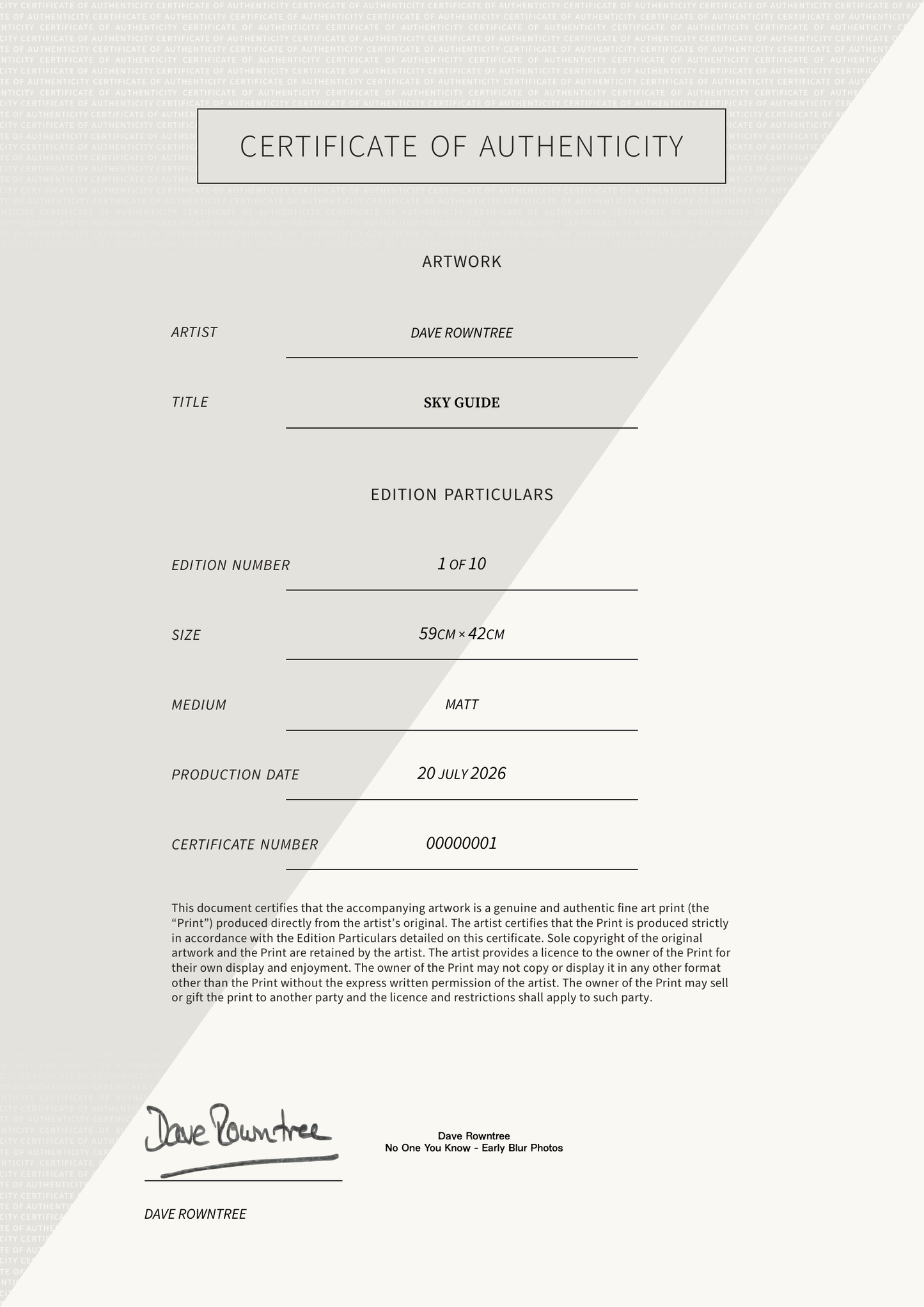 Sky Guide — Certificate of Authenticity