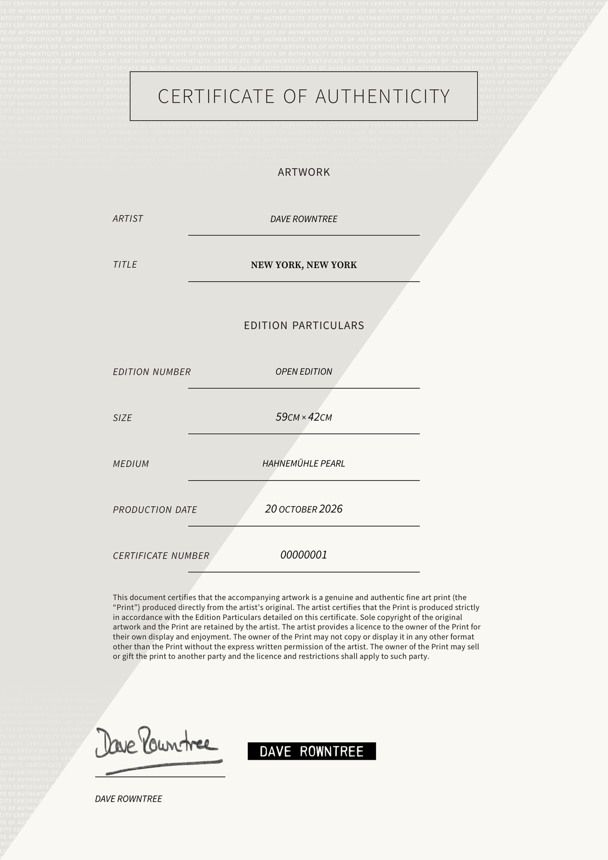 New York, New York — Certificate of Authenticity