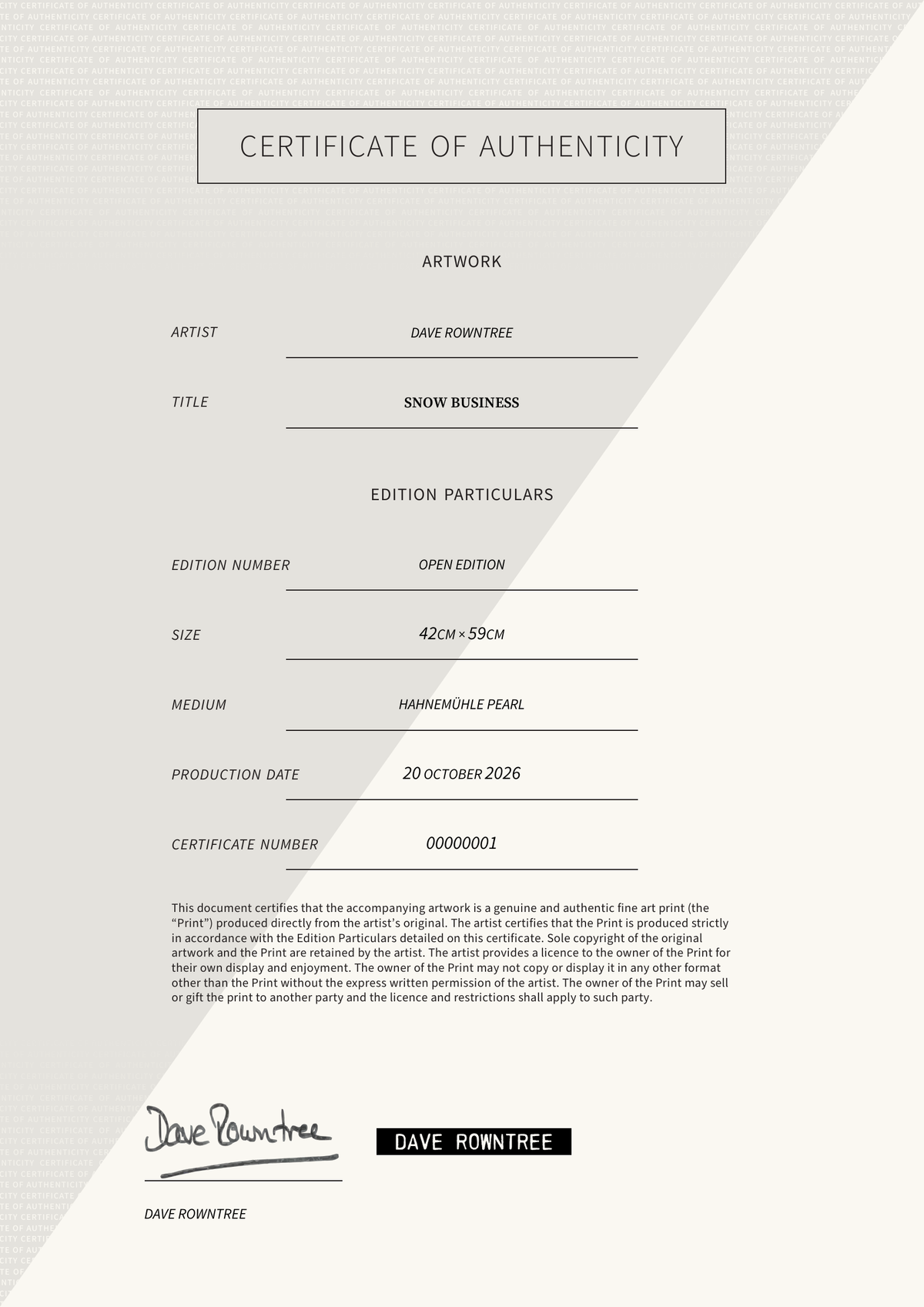 Snow Business — Certificate of Authenticity