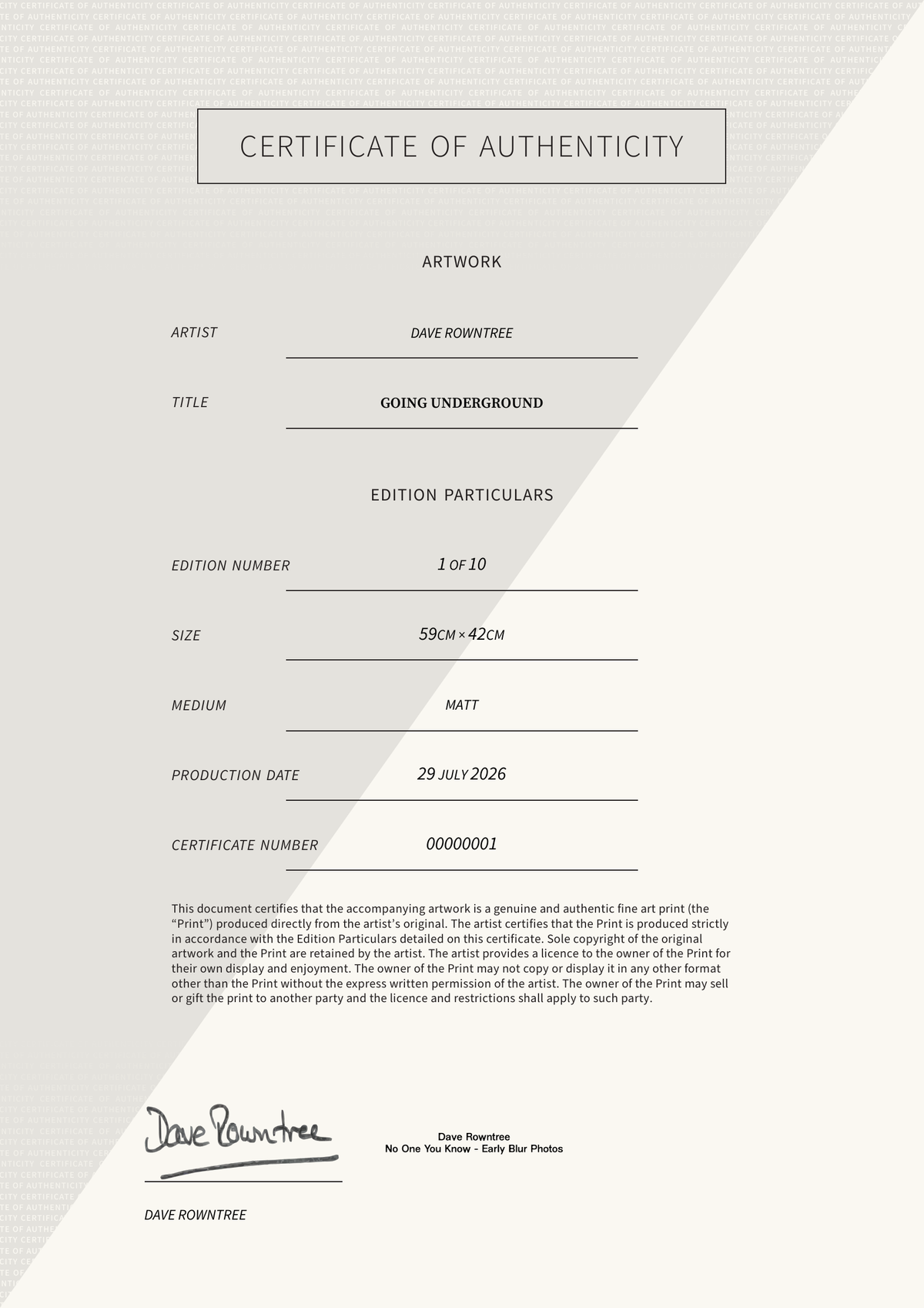 Going Underground — Certificate of Authenticity